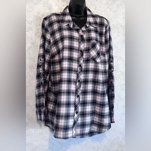 Terra & Sky Women’s Pink Black Plaid Embroidered Long Sleeve Shirt Size 0X 14W